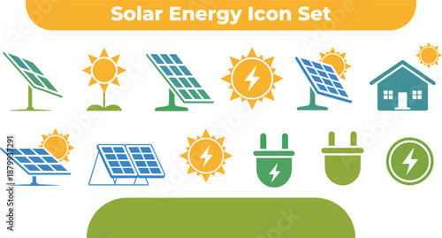 A collection of solar energy icons representing renewable power and sustainable living