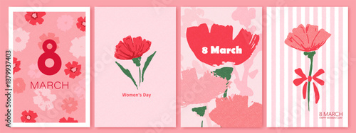 Spring red, pink hand drawn flowers. 8 March, womens day holiday greeting cards set. Bright colorful botanical background, pattern. 