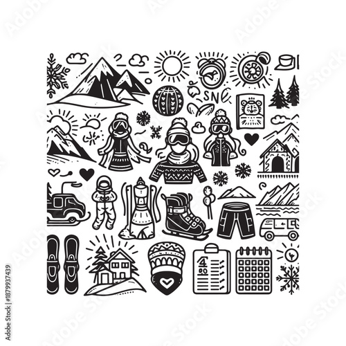 doodle icons winter holiday ski resort snow sun and travel vector