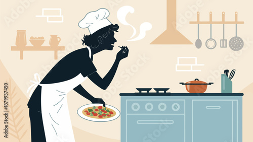 Chef tasting food while cooking in a modern kitchen