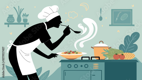 Chef tasting food in modern kitchen with fresh ingredients