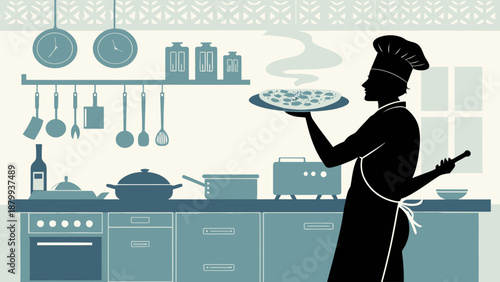 Chef presenting a delicious dish in a modern kitchen setting