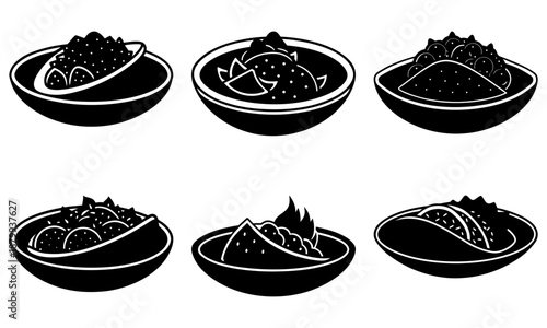 Five black and white bowl with various food on transparent background silhouette