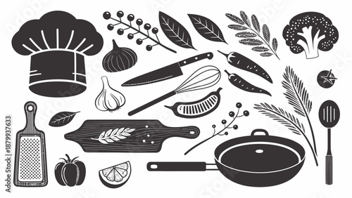 Black and white kitchen utensils and ingredients illustration