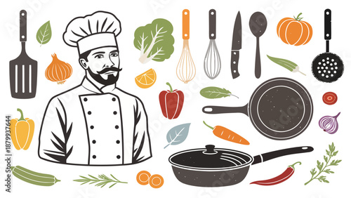 Professional chef with kitchen utensils and fresh vegetables