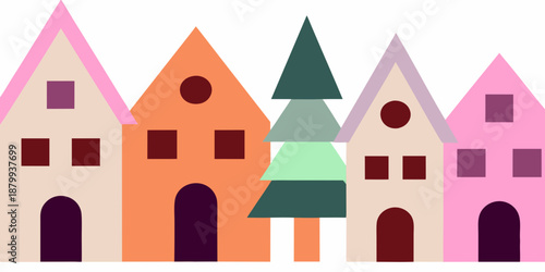a colorful illustration of houses and a christmas tree