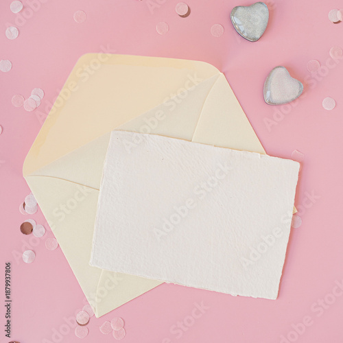 Blank Card with Envelope and Heart Decorations