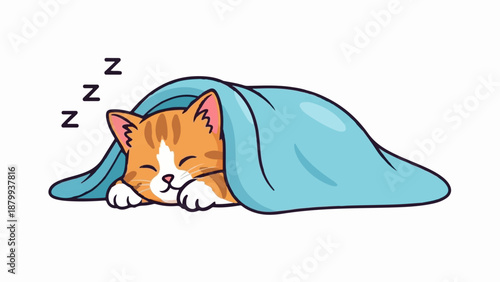 Adorable orange kitten sleeps soundly under a cozy blue blanket, Zzzs