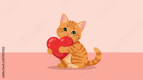 Adorable orange tabby kitten with green eyes holds a red heart