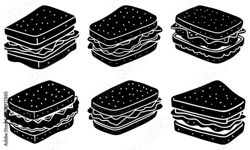 Six Stacked Black and White Sandwiches with Sesame Seeds on Transparent Background