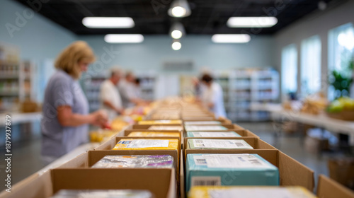 Wallpaper Mural Volunteers sorting and packing food items in boxes inside a spacious community food bank with shelves and natural light Torontodigital.ca