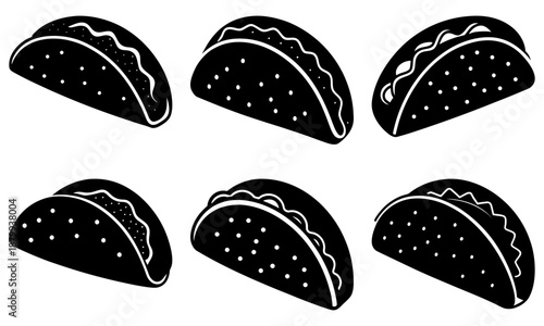 Six Black Tacos with White Dots and Fillings on White Background food