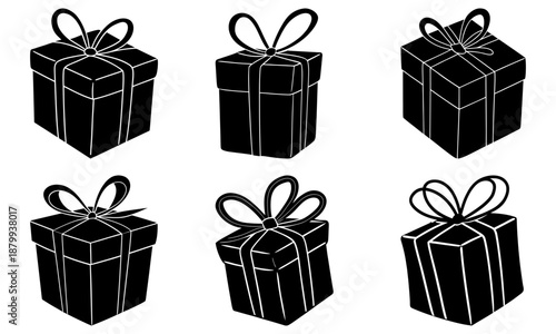 Six Black Gift Boxes with White Ribbons on White Background