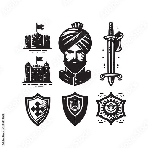 doodle icons heritage symbols sword shield and turban vector