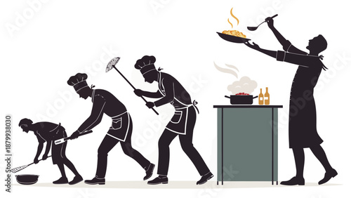 Silhouettes of chefs cooking in a bustling commercial kitchen