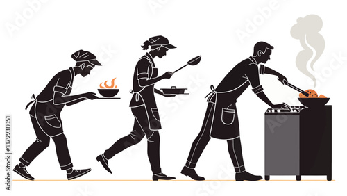 Silhouettes of chefs cooking and preparing food in a commercial kitchen