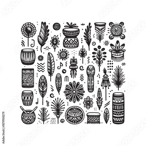 Ceremonial Poles and Feathers Doodle Icon Set, Monochrome Vector