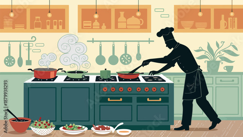 Professional chef cooking in modern kitchen with various dishes