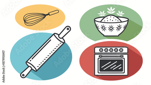 Colorful kitchen utensils and appliances for cooking and baking
