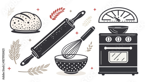 Baking essentials on kitchen counter with rolling pin, whisk, and oven
