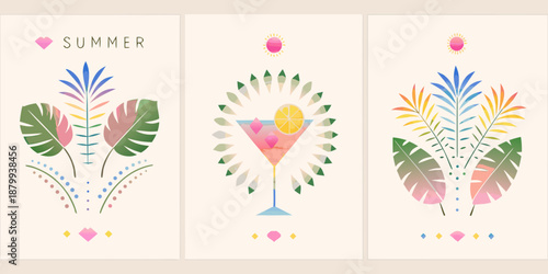 Tropical summer illustrations with palm leaves cocktails and vibrant color schemes