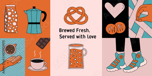 A colorful illustration depicting coffee tea and baked goods with a playful design