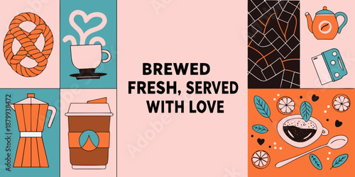 Coffee and tea themed illustration with various beverage containers and decor