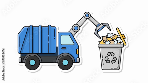 Cartoon blue truck with robotic arm collecting waste from a bin