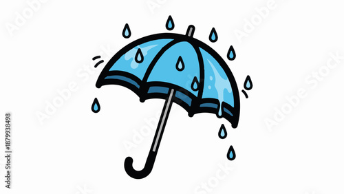 Cartoon blue umbrella with rain drops falling on it