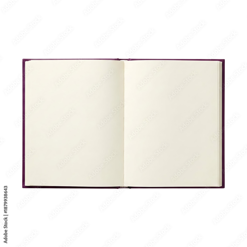 Fototapeta premium Open blank book with purple cover and cream pages isolated on transparent background, empty notebook template for design