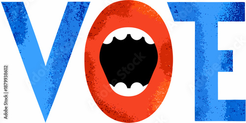 a large blue and red vote sign with an open mouth