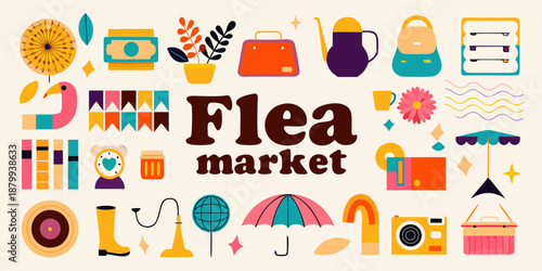 Colorful illustration of vintage objects and the word flea market displayed