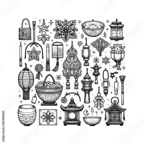 Calm Spiritual Doodle Line Art Icons – Black and White Vector Set