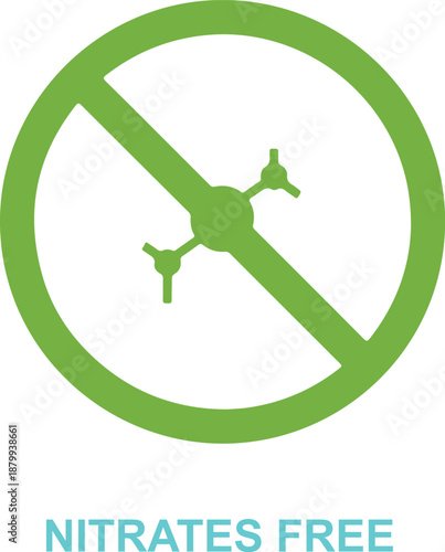 No nitrates symbol in green circle with diagonal line across drone icon indicating ban on drone usage and prohibition of nitrate compounds in product
