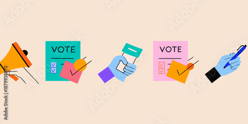 voting and election icons including megaphone and hands holding ballot papers