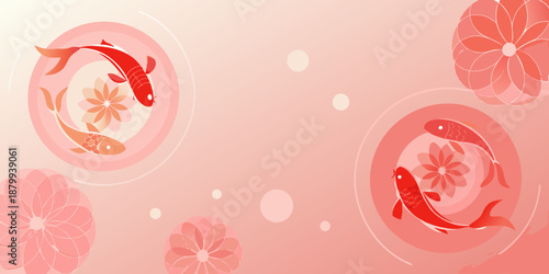 Elegant red koi fish swimming within circular frames and floral designs