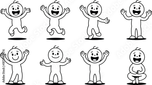 Eight very excited black and white cartoon people jumping with joy and celebrating happiness