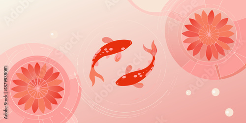 Red koi fish swim among stylized pink lotus flowers on a light background