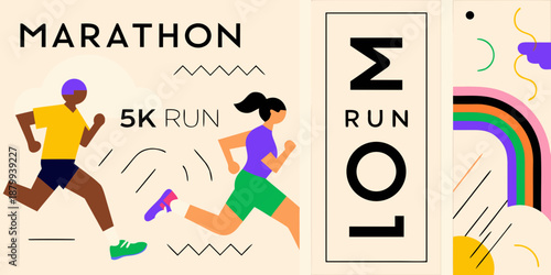 Colorful illustration promoting marathon 5k run and solo running events