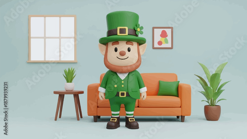 A whimsical leprechaun stands in a cozy room with a couch and plants