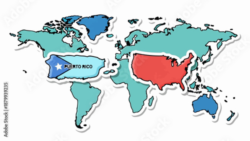 A whimsical, illustrated world map highlights the United States and Puerto Rico