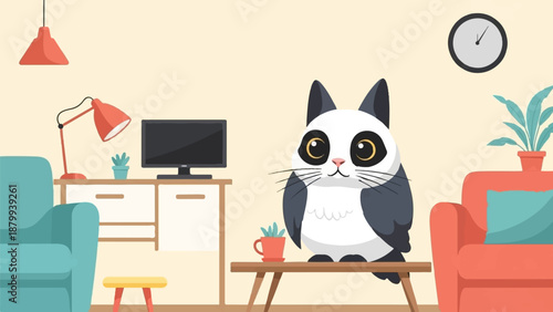 A whimsical panda-cat sits on a table in a cozy living room