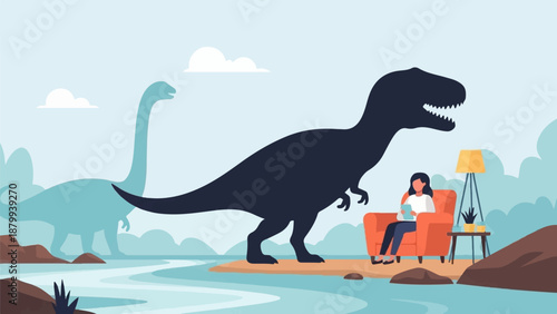A woman reads in a chair next to a T-Rex and Brontosaurus