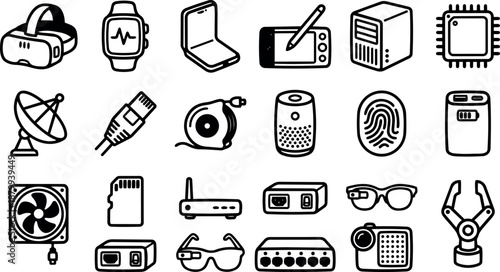 Line art icon set showing multiple electronic device icons in grid layout including vr headset smartwatch router fingerprint sensor charger