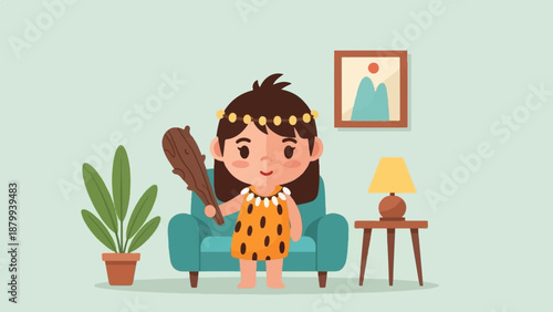 Cartoon cave girl with club in decorated room