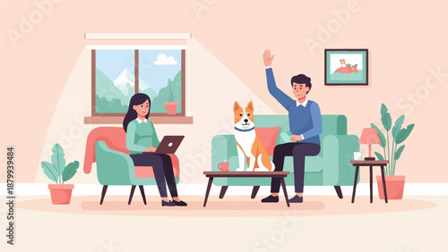 A woman on laptop and a man waving with a dog at home