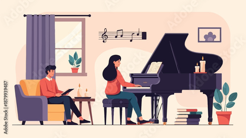 A woman plays piano while a man reads on a couch in a cozy room
