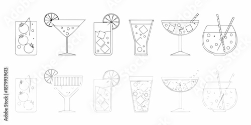 Line art illustration of various cocktail glasses and refreshing citrus slices