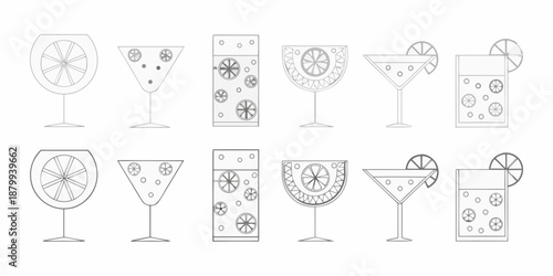 Line art illustration of various cocktail glasses and refreshing drink garnishes