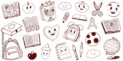 A charming collection of hand drawn school supplies and educational elements